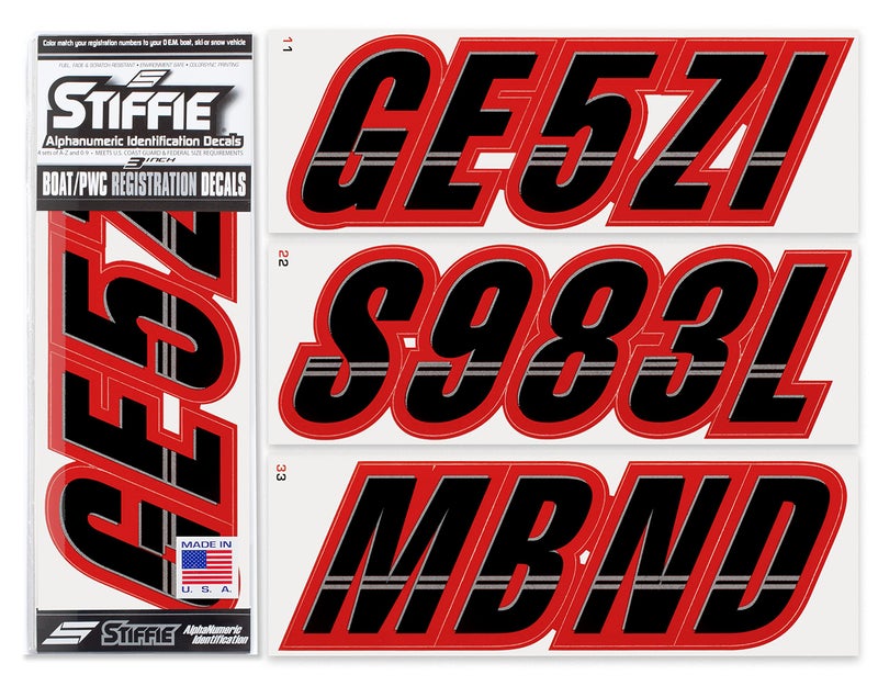 STIFFIE Techtron Black/Red 3" Boat & PWC Registration Decals â€¢ Numbers Letters Stickers - Image 1